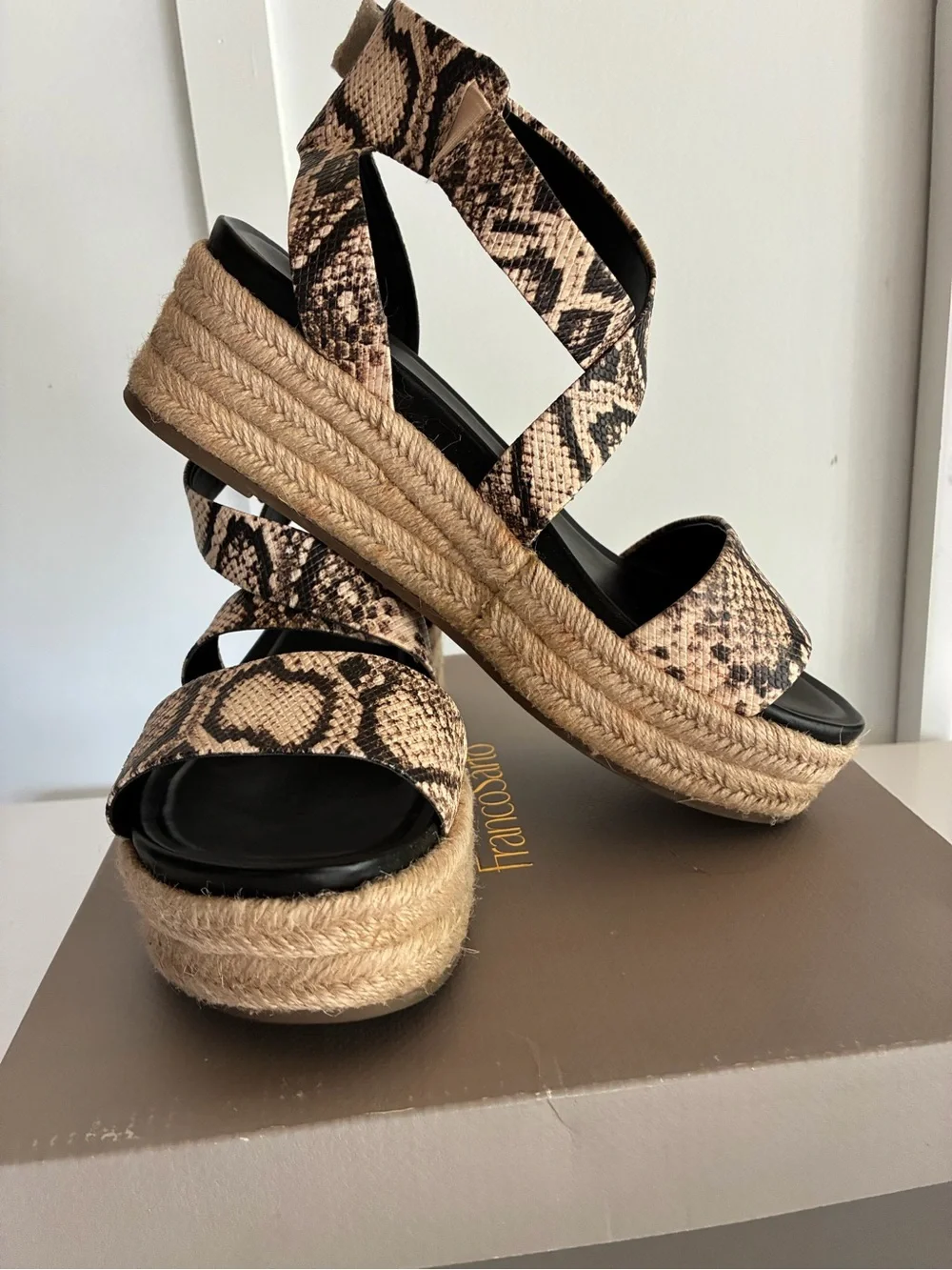 Franco Sarto Snake-Print Espadrille Wedge Sandals in Beige and Black